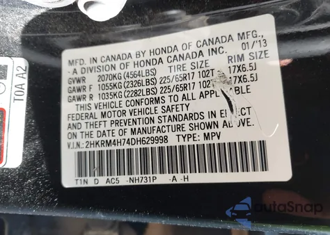 2013 Honda Cr-V Ex-L z USA, uszkodzony, nr VIN 2HKRM4H74DH629998